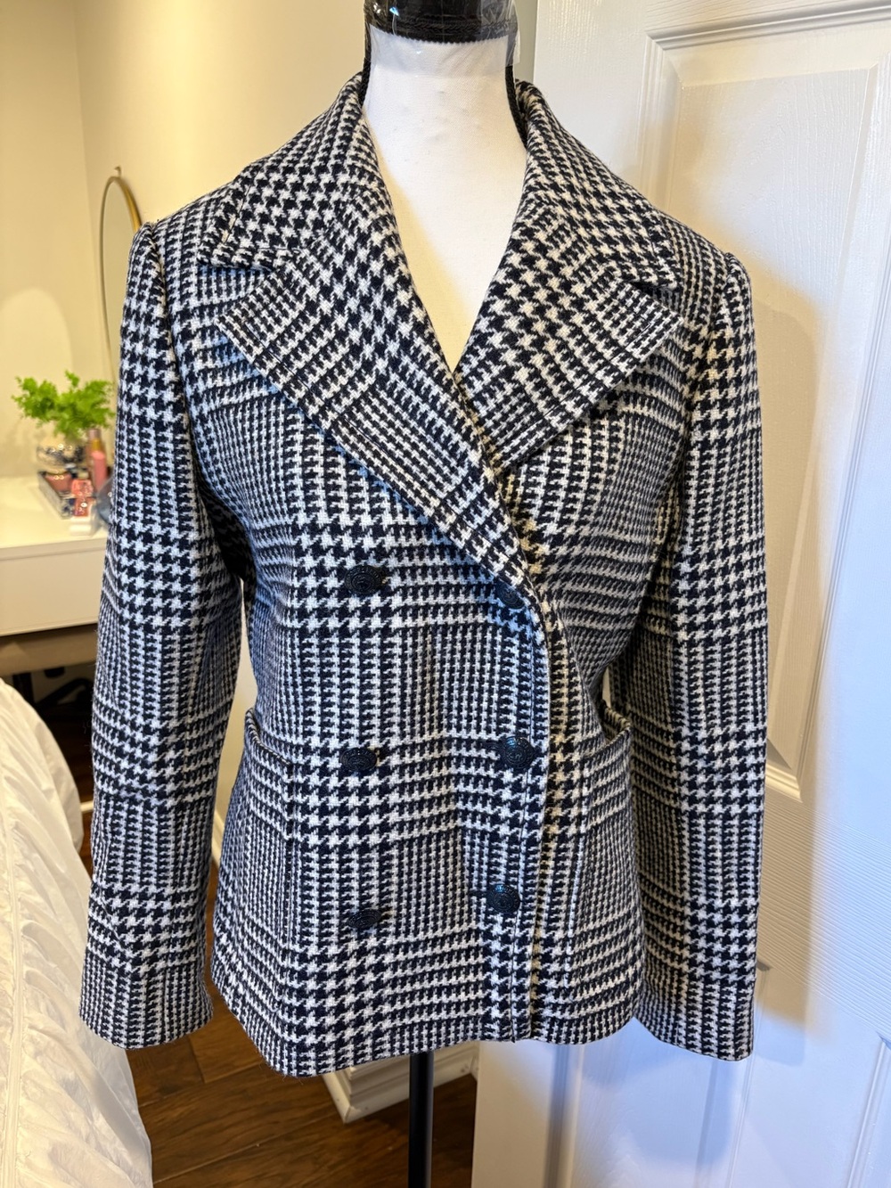 Brooks Brothers Red Fleece Wool Houndstooth Plaid Peacoat Blazer Size 10